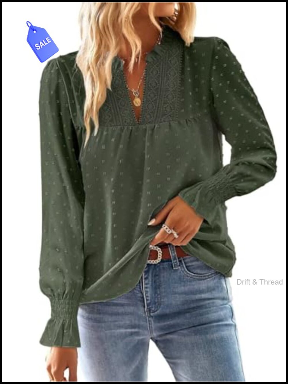 Womens Boho Flowy Blouse V-Neck Crochet Lace Long Sleeve Dressy Casual Top
